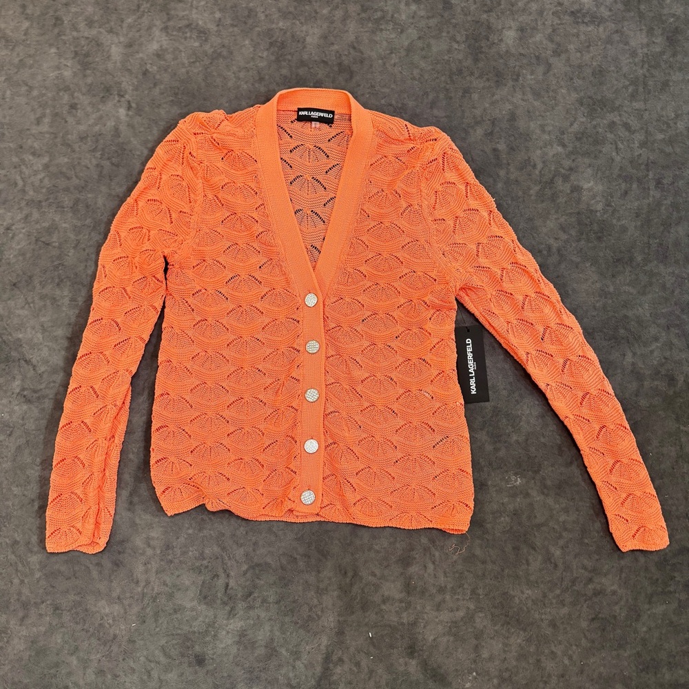 NWT Women KARL LAGERFELD Coastal Spring Crochet style Cardigan Coral Grandmacore - Picture 3 of 9